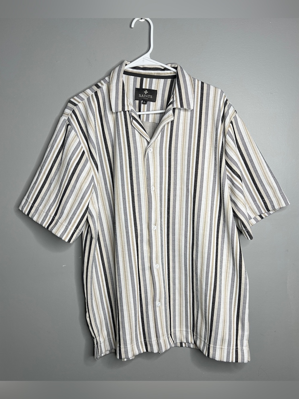 Saints Studio Men’s Short-Sleeve Striped Button-Up Shirt - Cream/Gray Size Large